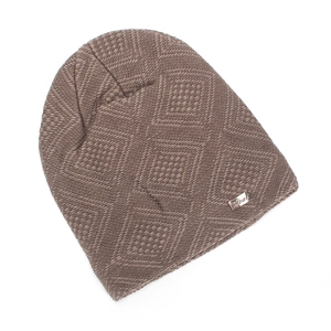 Close-up of brown knit beanie showing diamond texture and silver metal Heal logo tag