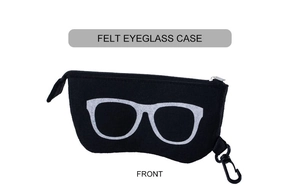 Close-up of a black felt eyeglass case featuring a white frame graphic and plastic hook