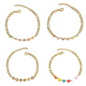 Colorful drip oil heart and flower gold bracelets with Figaro chain for women