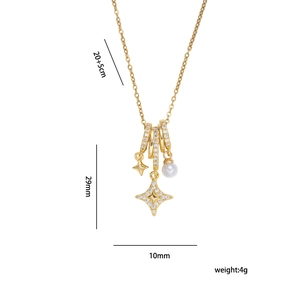 Titanium steel necklace with star pendant, cubic zirconia, and pearl charms in gold finish