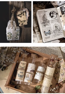 Kit scrapbooking vintage con funghi, adesivi fasi lunari e fiori secchi in provette