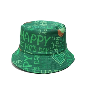 Detail of St. Patrick's Day green bucket hat featuring Happy St. Pat's Day letter printing