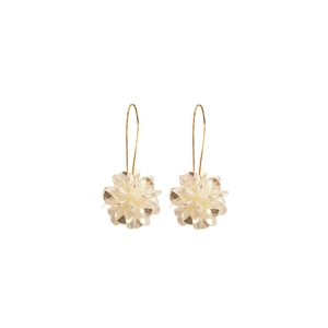 Exaggerated white floral cluster earrings with long petal design and gold ear hooks