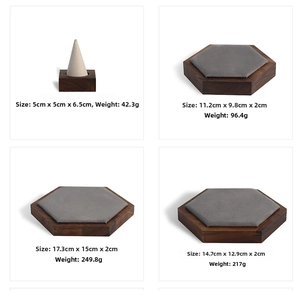 Walnut wood and gray velvet jewelry display trays with a conical ring holder stand