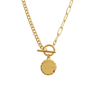 Golden OT toggle necklace with Beloved pendant featuring tank and paperclip chains