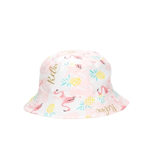 Cute toddler white bucket hat with flamingo and pineapple print for sun protection