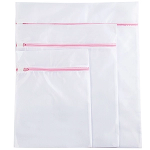 Three-piece set of white mesh laundry bags for bras with pink zippers in varying sizes