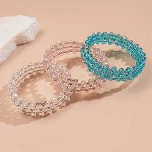 Three-layer wrap bracelet with blue pink and clear faceted glass beads for women