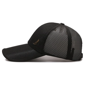 Men's black baseball cap with extended brim, breathable mesh and gold feather badge detail