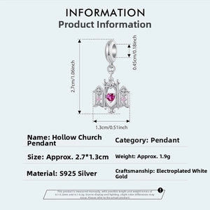 Detailed view of hollow church charm with red heart stone and S925 silver specs