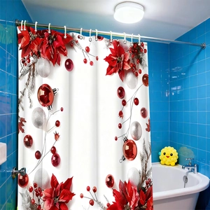 Detail of Christmas shower curtain with red poinsettia floral prints and festive baubles