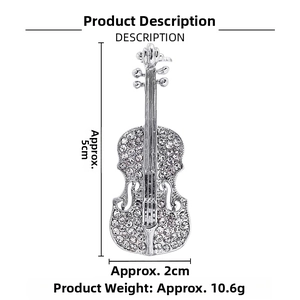 Detail showing 5cm violin brooch with rhinestones, size and weight specifications