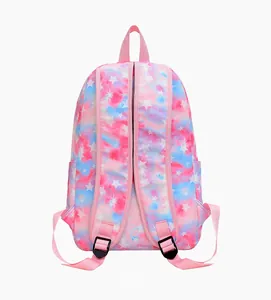 Rear view of tie-dye school backpack with white star patterns and adjustable straps