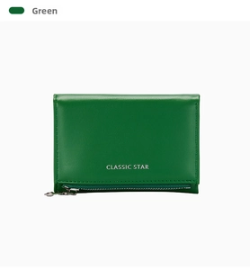 Detailed view of dark green leather purse featuring Classic Star logo and silver zipper