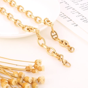 Golden oval link pig nose chain necklace with lobster clasp over elegant prop background