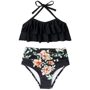 Girls Swimsuit Halter Ruffle Top High Waist Bottom Tropical Floral Print Nylon Swimwear For Toddler Kids