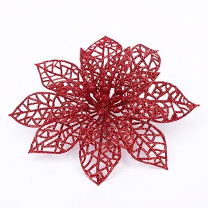 Sparkling red hollow glitter poinsettia flower decoration for Christmas tree and wreath