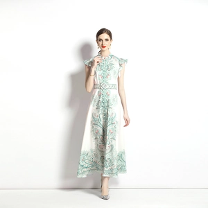 Vintage paisley print A-line maxi dress with standing collar and ruffle sleeves