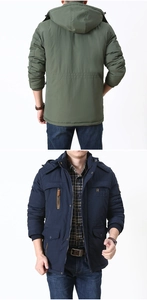 Front and back detail of hooded winter parka with quilted lining and embroidery