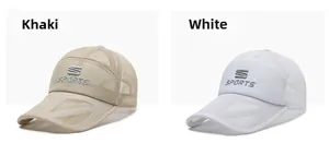 Detail view of breathable khaki and white mesh baseball caps with sports embroidery