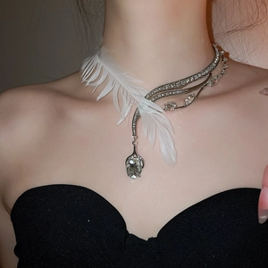 Collier ras du cou asymétrique en plumes avec cristaux étincelants sur mannequin femme