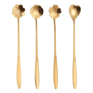 Set of four gold stainless steel long handle spoons with flower and heart shaped heads