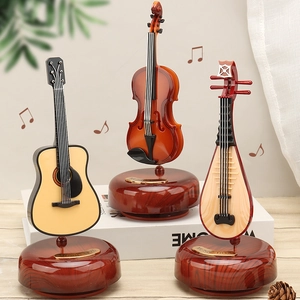 Vintage Musical Instrument Music Box Rotating Mechanical Clockwork ABS Imitation Wood Grain Violin Guitar Desktop Ornament