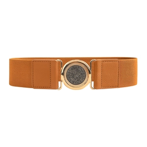 Women's brown elastic waist belt with a golden round buckle on white background