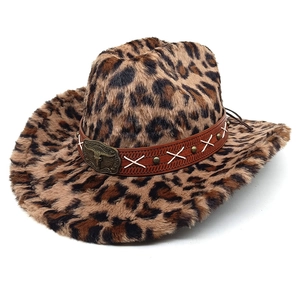 Leopard print western cowboy hat with a metal bull head buckle and leather band