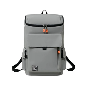 Detail of gray waterproof backpack with orange zippers and Spunk logo branding
