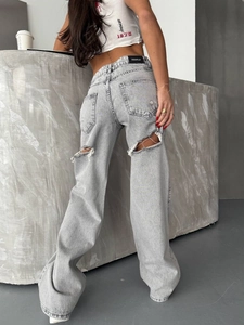 Jeans rétro gris clair taille haute à jambes larges avec découpes stylées à l'arrière