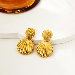 Detailed close-up of 18K gold shell earrings featuring realistic texture and ocean style