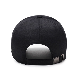 Rear view of black cotton baseball cap with adjustable metal sport buckle and stiff crown