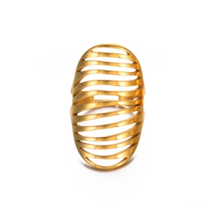 Detailed view of the layered gold-tone cutout oval ring with a streamlined modern design