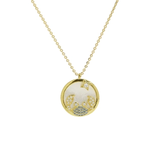 18k gold plated brass zodiac Cancer necklace with white shell inlay and crystals