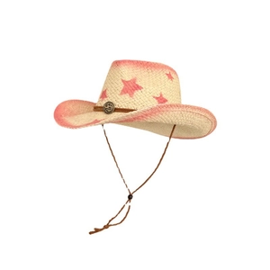 Close-up of woven straw cowboy hat featuring pink stars and gradient brim detailing