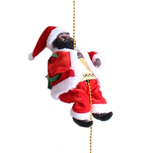 Detail of black skin Santa Claus climbing golden bead chain with classic red outfit
