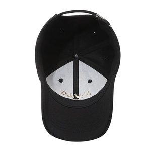 Black canvas baseball cap with interior V.V.G embroidery and metal buckle detail