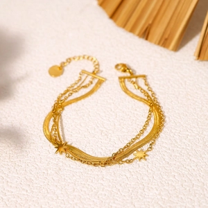 Elegant 18K gold-plated stainless steel layered snake chain bracelet with star charms