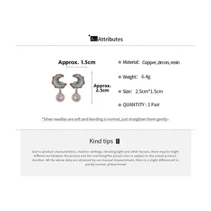 Detailed spec sheet for vintage resin moon and pearl earrings with zircon and silver needle