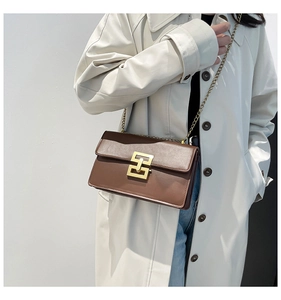 Close-up of a deep brown leather flap bag with gold metal buckle and chain strap