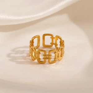 18K gold plated stainless steel open ring featuring a geometric hollow chain design