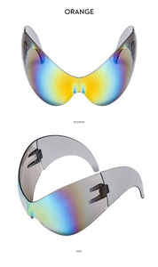 Close-up of Y2K futuristic wrap sunglasses with orange gradient lens and resin frame
