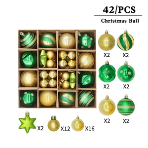 42-piece set of green and gold Christmas balls in various matte and glittery textures