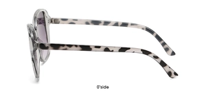 Side view of trendy round sunglasses with gray tortoise temples and gradient lenses