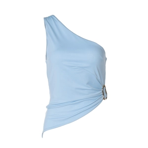 Slim fit light blue one-shoulder top for women featuring side silver metal ring detail