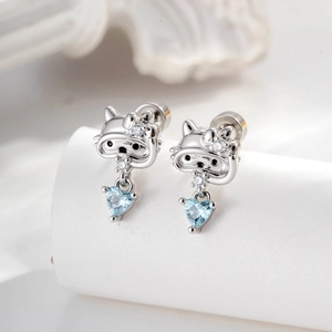 Cartoon Cat Diver Stud Earrings With Light Blue Heart Cubic Zirconia Titanium Steel Copper Piercing Jewelry