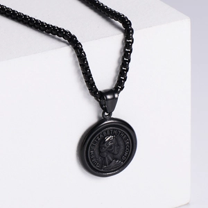 Black Queen Elizabeth II coin pendant necklace on square link chain with geometric display