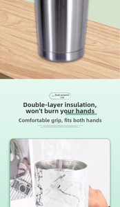 Detail of 20oz double-wall insulated stainless steel tumbler with marble texture finish