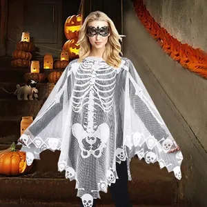 Halloween Skeleton Cloak Cape Polyester Mesh Lace Skull Print Masquerade Cosplay Costume Accessory Spooky Gothic